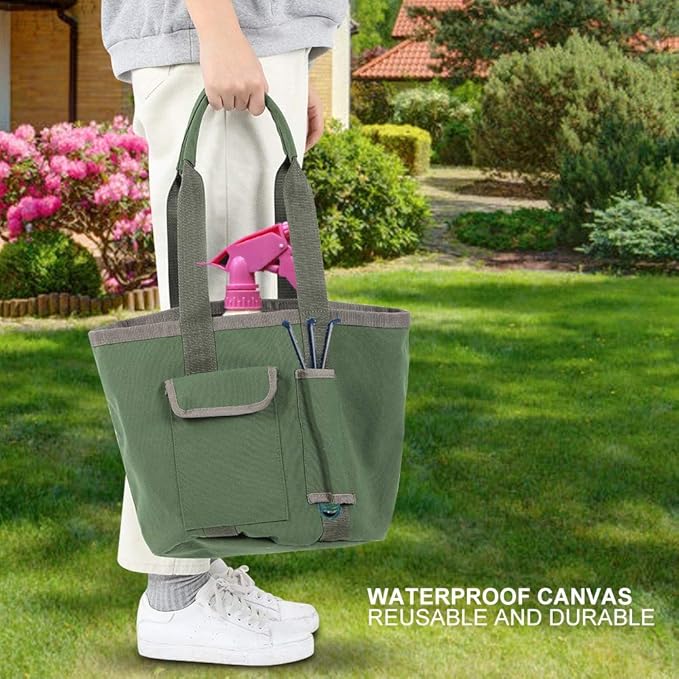 Yosoo Garden Tools Storage Bag Gardening Bucket Organizer with Pockets for Women Men Gardener Garden Tote Garden Tool Set Kit Green
