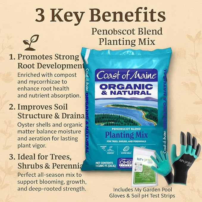 Coast of Maine PE1000 Penobscot Tree &amp Shrub Planting Mix 1 cf with My Garden Pool 7-in-1 Soil Test Strips 20 ct. and Claw Gardening Gloves