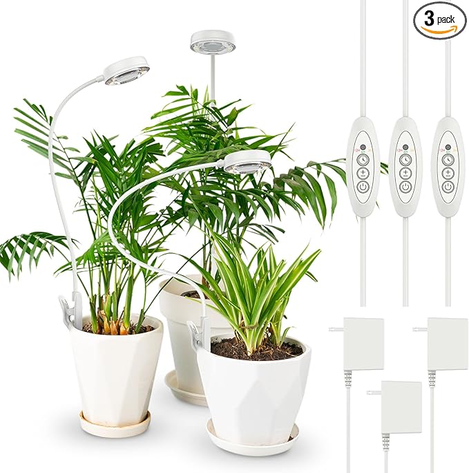 SANSI Grow Lights for Indoor Plants Pot Clip LED Plant Light for Growing Full Spectrum Plant Growing Lamp with 4-Level Dimmable Auto On Off 3 6 12 Hrs Timer for Pot Plants White 10W 3-Pack
