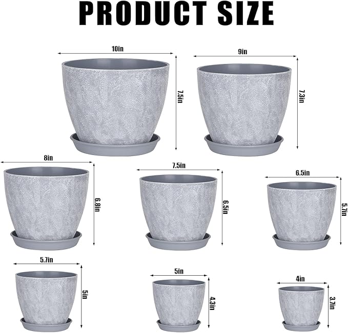 Set of 8 Plastic Planter 10/9/8/7.5/6.5/5.7/5/4inch Plastic Planter Flower Pot Indoor Decorative Large Plant Pot Plant Pots Indoor with Drainage and Saucer for All House Plants (Set of 8)