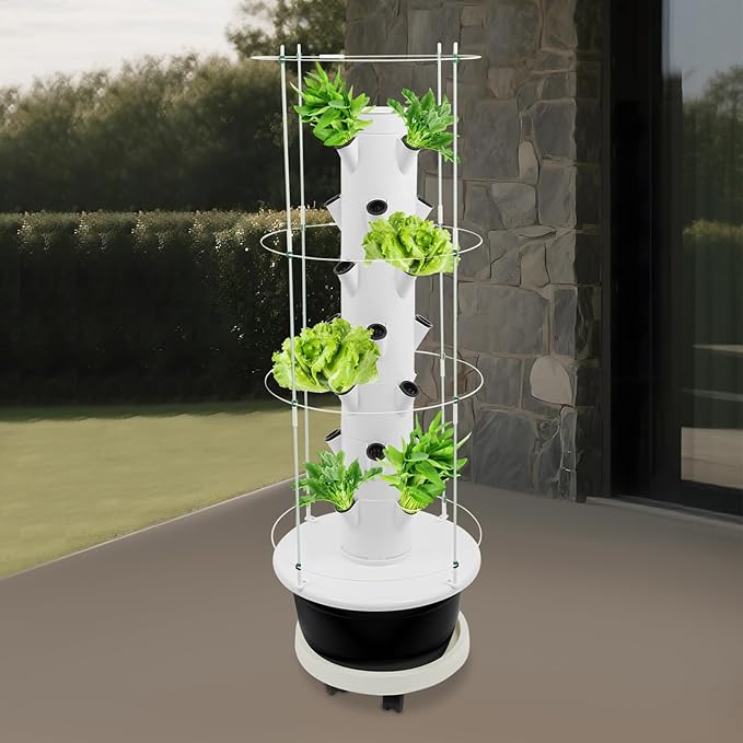 Hydroponic Growing Tower with Climbing Trellis 30L Water Tank &amp Automatic Timer Indoor Outdoor Vertical Garden System for Vegetables Herbs Strawberries (Black - 28 Holes)