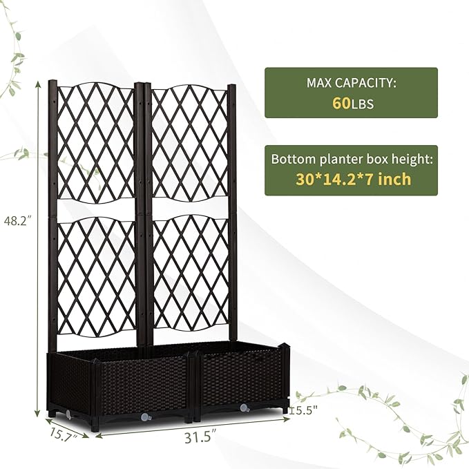 Raised Garden Bed with Trellis Outdoor Free-Standing Trellis Planter Box with Drainage Holes Privacy Planter for Patio Above Ground Elevated Garden Bed for Outdoor Climbing Plants Vines (Brown)