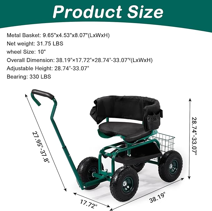 Outvita Garden Cart Outdoor Rolling Garden Scooter W/Adjustable 360 Degree Swivel Seat Extendable Handle Tool Tray &amp Storage Basket Gardening Stool for Planting(Green)