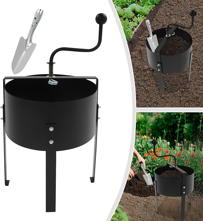 Manual Rotary Soil Sieve Carbon Steel with Plastic-Sprayed Finish 11.8x14.17 Inch Drum 24.41 Inch Height 0.07 m³ Capacity Includes Gloves and Spade