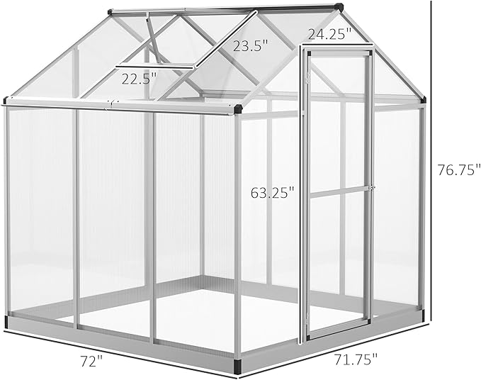 Outsunny 6' x 6' Greenhouse for Outdoors Polycarbonate Greenhouse with Rain Gutter and Roof Vent Aluminum Walk-in Green Houses for Outside Patio Backyard Garden