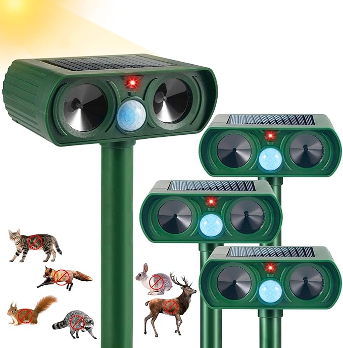 4 Pack Solar Ultrasonic Animal Repellent Outdoor Deer Repellent Devices Waterproof with Motion Sensor CatSquirrelDeerDogRaccoonSkunkRabbitCoyote Deterrent for Yard Garden Deterrent Device