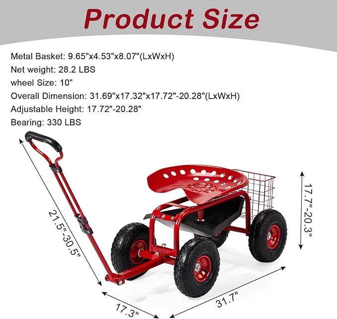 Garden Cart Rolling Workseat with Wheels Gardening Stool Cart Seat with 360 Degree Swivel Seat &amp Extendable Handle &amp Tool Tray Patio Wagon Scooter for Planting Weeding and Outdoor Tasks R