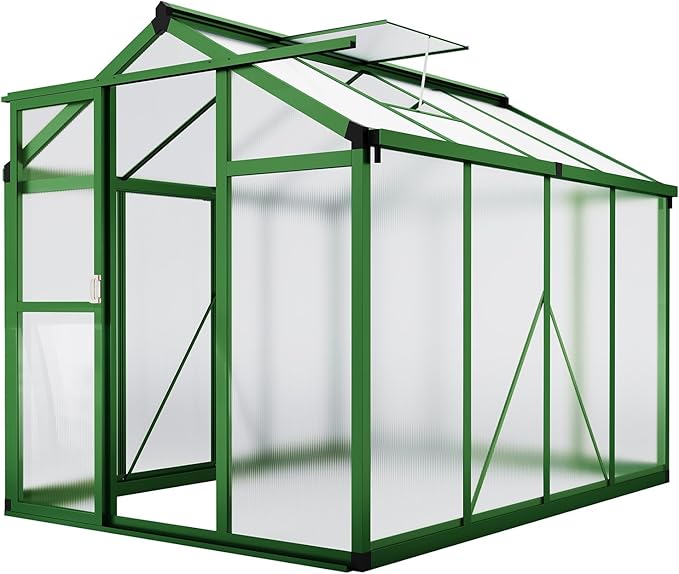 6x8 FT Greenhouse - Large Aluminum Greenhouses for Outdoors Heavy Duty Polycarbonate Greenhouse with Roof Vent&ampGround Nails Walk-in Green Houses for Garden Backyard Patio Easy Assembly