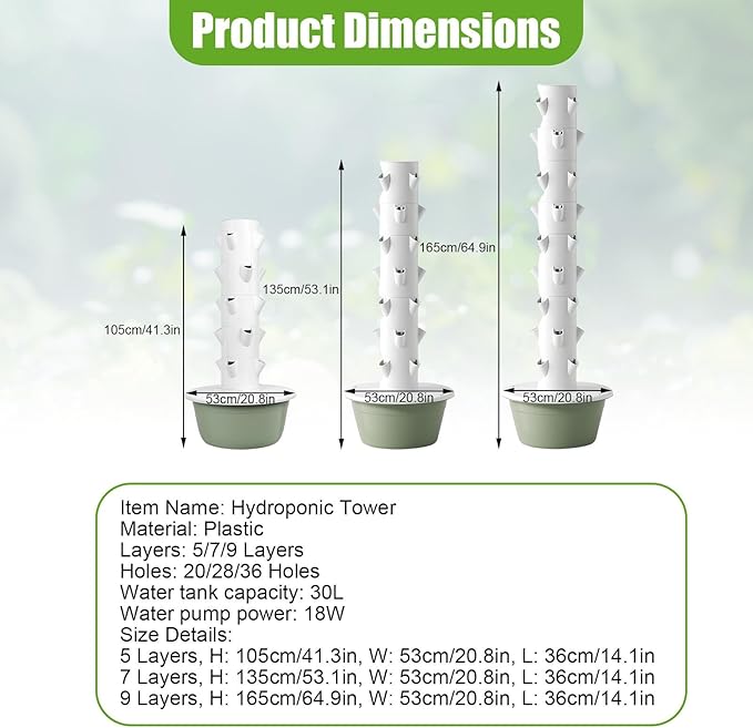9-Tier Hydroponic Planter Vertical Hydroponic Grow Tower Indoor Soilless Farming System with Pump for Fast-Growing Leafy Greens(5th Floor)