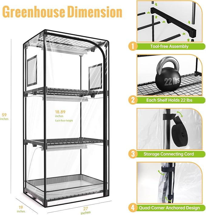 Indoor Greenhouse with Grow Light 4-Tier Plant Stand with Zippered PVC Tent Ventilation Window Bottom Pouch 20W Full Spectrum Plant Light with Timer for Seed Starting 27L x 19W x 59H