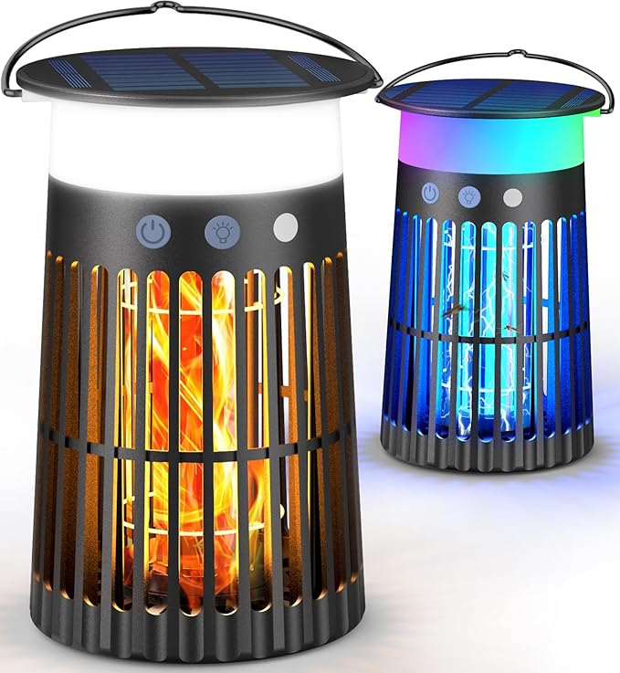 2 Pack Solar Bug Zapper Outdoor Portable Electric Mosquito Killer Waterproof Rechargeable Insect Trap with LED Night Light and Flame Effect Ideal for Outside Patio Backyard and Camping