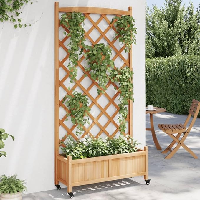 Wood Planter Box with Trellis and Wheel Outdoor Raised Garden Bed for Climbing Plants Free-Standing Trellis Planter Box 35.4x13.8x73.8 Brown Solid Wood Fir