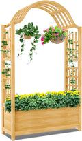 Raised Garden Bed with Trellis Freestanding Wood Planter Box w/Hanging Roof &amp Drainage Holes for Vine Climbing Plants Flowers Outdoor Planter with Trellis for Patio Balcony
