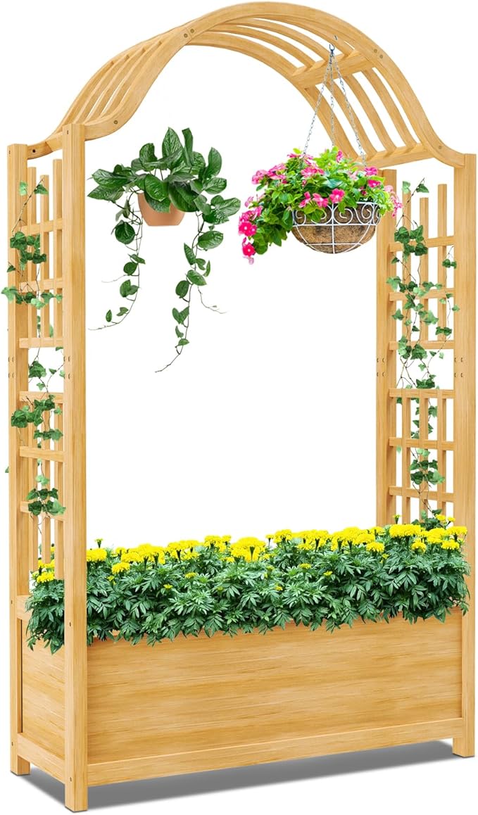 Raised Garden Bed with Trellis Freestanding Wood Planter Box w/Hanging Roof &amp Drainage Holes for Vine Climbing Plants Flowers Outdoor Planter with Trellis for Patio Balcony