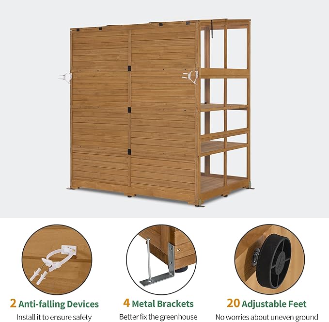 Macrout Wooden Walk-in Greenhouse with Acrylic Panels Large Greenhouse Outdoor with Openable Roof Vents with Lockable Door G976