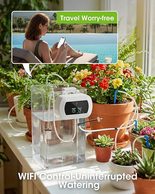 Automatic Watering System for Potted Plants[Wi-Fi &amp App Control] Smart Plant Watering Devices for Indoor Outdoor Automatic Drip Irrigation System Device Kit-USB ChargingWater 10 Plants