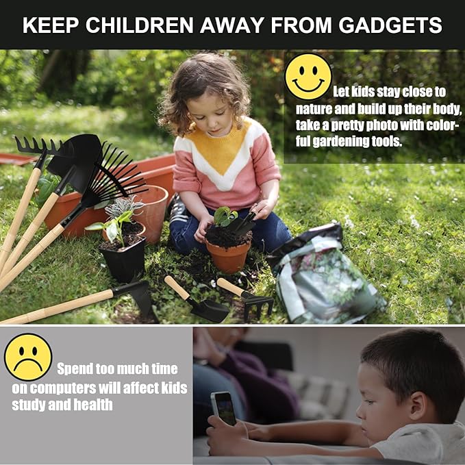 Kids Rake and Shovel Sets 7PCS Child Metal Gardening Tools for Real Digging-Great for Garden Yard Sandbox Lawn Camping Play Outdoor Toys for Ages 2-4 5-7 Years Old