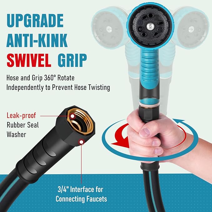 Heavy Duty Garden Hose 100 ft NON-EXPANDABLE Water Hose with 10 Function Spray Nozzle Lightweight Kink-less Hybrid Hose with Swivel Handle Male to Female Fittings