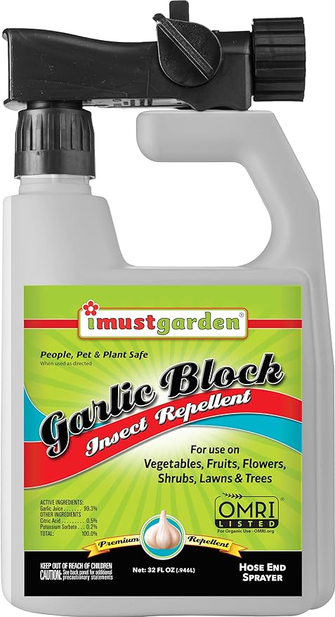 Garlic Block Insect Repellent – Ready to Spray Concentrate: No Mixing or Measuring – OMRI Listed for Organic Gardening - Creates a Garlic Barrier to Protect Vegetables Fruits &amp Flowers: 32oz Hose