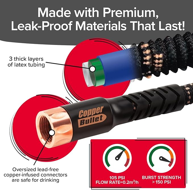 Pocket Hose 50 FT Copper Bullet Expandable Garden Hose w/10 Pattern Thumb Spray Nozzle AS SEEN ON TV 650psi 3/4 in Patented Lead-Free Ultra-Lightweight Solid Copper Anodized Aluminum