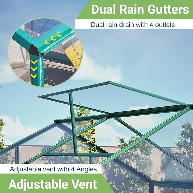 6x8 FT Walk-in Greenhouse Kit with Polycarbonate Panels &amp Aluminum Frame Green Houses for Outside with 2 Vents Greenhouses for Outdoors with Lockable Door Backyard Discovery Greenhouse (Green)