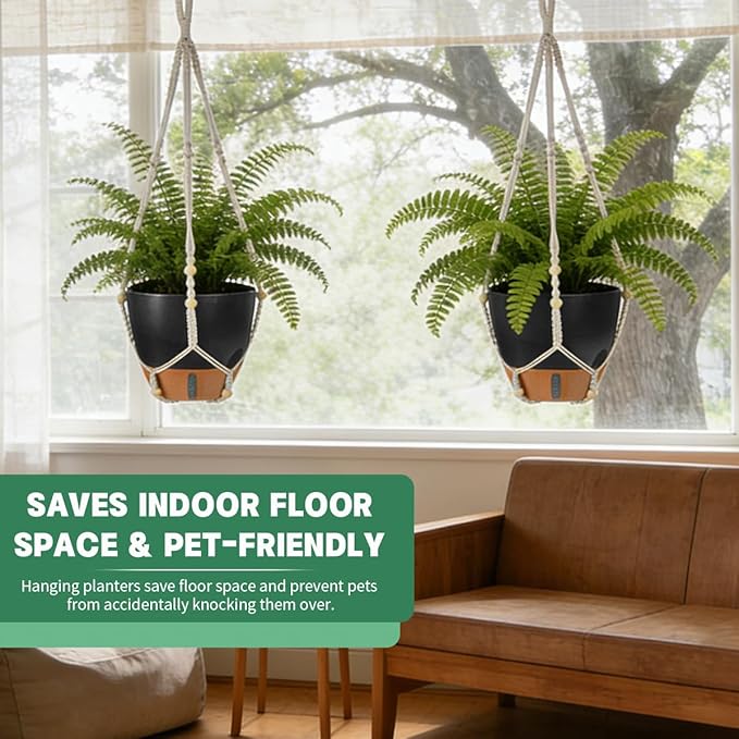 Self-Watering Hanging Planters for Indoor Plants Set 2-Piece Includes Plant Hanging Pot Drainage-Hole Hanging Pot and Hanging Basket Rack (10 Inches Black)