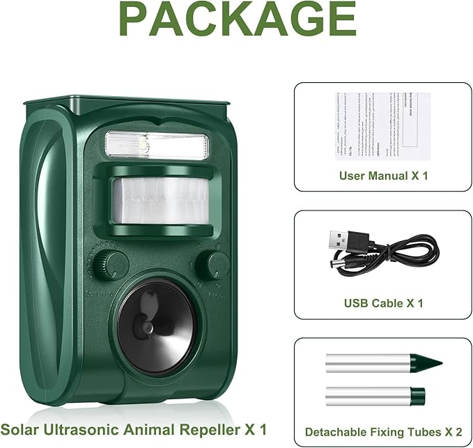 Motion Activated Animal Repellent Outdoor for Night Solar Powered Ultrasonic Repeller with LED Strobe Light IP66 Waterproof for Yard Garden Keeps Away Cats Raccoons Squirrels Dogs