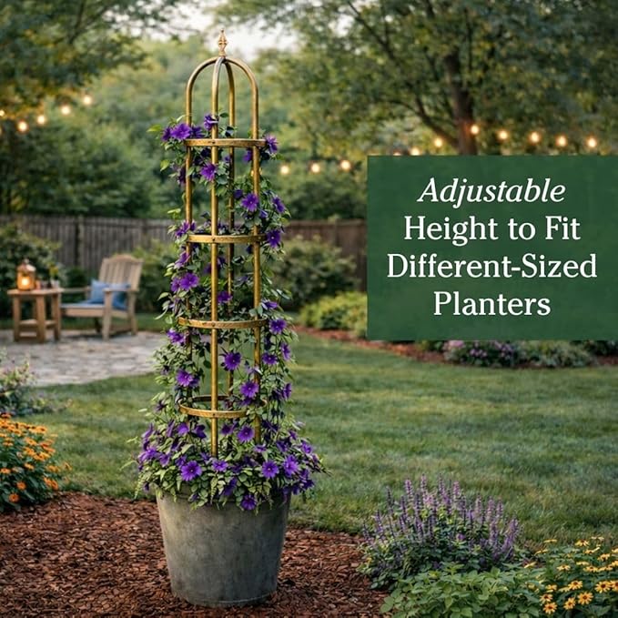 Plow &amp Hearth Metal Garden Plant Obelisk | Indoor &amp Outdoor Safe | Powder-Coated Steel Cast Iron Finial | Trellis for Climbing Planters | Stamped Floral Pattern | 14 Dia. x 8'H (Antique Coppe