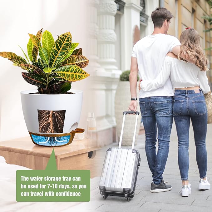 Large Self Watering Pots 12/10/9 Plastic Planters with High Drainage Holes and Deep Reservoir for Indoor Outdoor Garden Plants and Flowers White with Brown