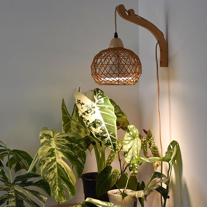 Bstrip Hanging Grow Lights for Indoor Plants 18W Full Spectrum Plant Light Boho Rattan Lantern Shade 3800K Wall-Mounted Decorative Grow Light with 9.8FT Power Cord for Indoor Plant Growing Flowers