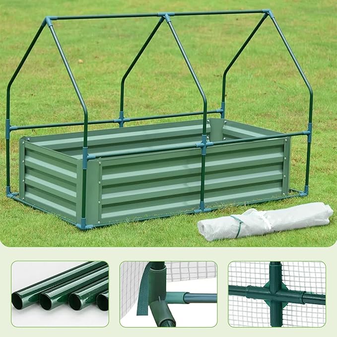 BPS Raised Garden Bed Set 4x2x1 FT Metal Bottomless Flower Bed with PE Cover for Outdoor Planting White