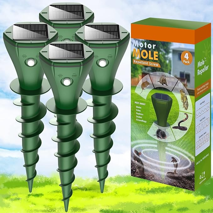 Solar Pest Repeller Stakes (4 Pack) – Outdoor Garden and Lawn Ground Stakes Rodent Deterrent for Moles Gophers Snakes and Burrowing Pests