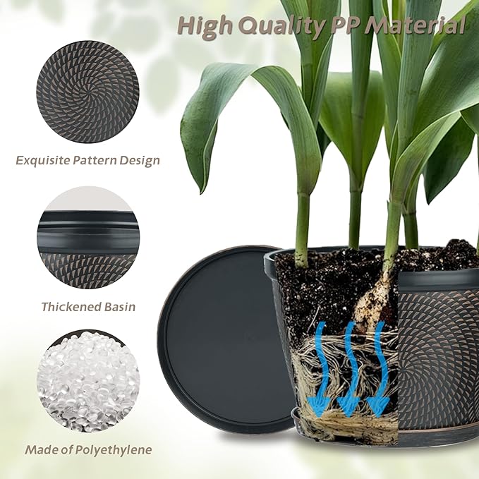 Quarut 4 Pack 8 Inch Flower Pots for Outdoor Indoor Plastic Plant Pots with Drainage Hole &amp Saucer Lightweight Small Flower Pot Circle Pattern Planters for Garden House planters（Brown）