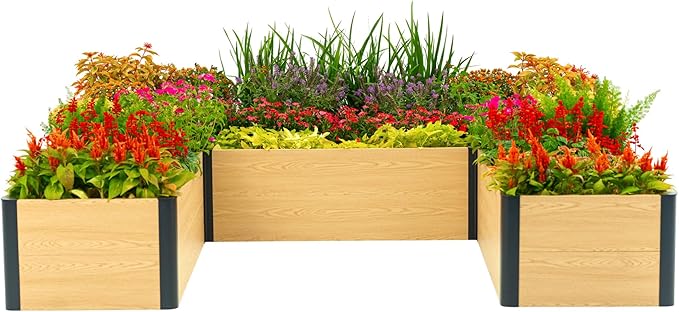 Vego garden Woodgrain Series Raised Garden Bed 16 Tall Wooden-Look 8' x 8' U-Shaped Metal Planter Box Outdoor for Vegetables Flowers Herbs