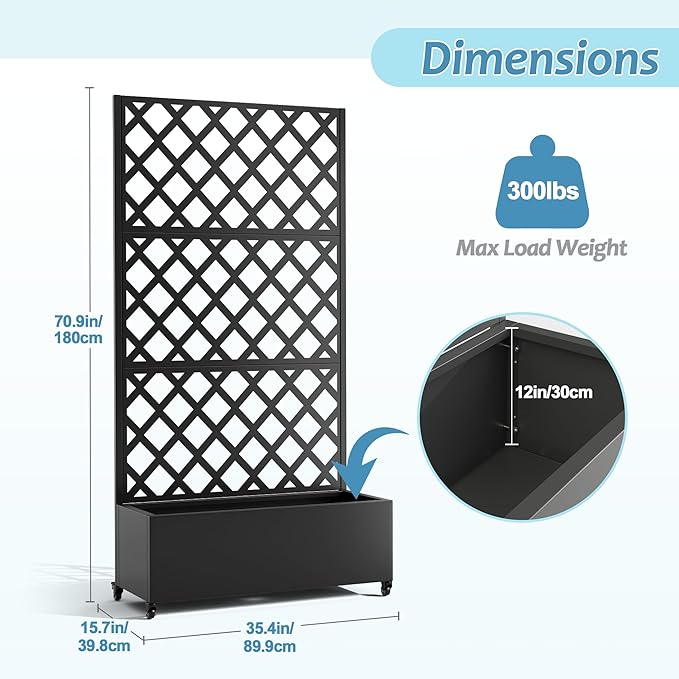 Metal Planter Box with Trellis &amp Wheels Raised Garden Bed with Privacy Screen Outdoor Standing Flower Beds with Drainage Hole for Climbing Plants Vine 35.4 L x 15.7 W x 70.9 H Black