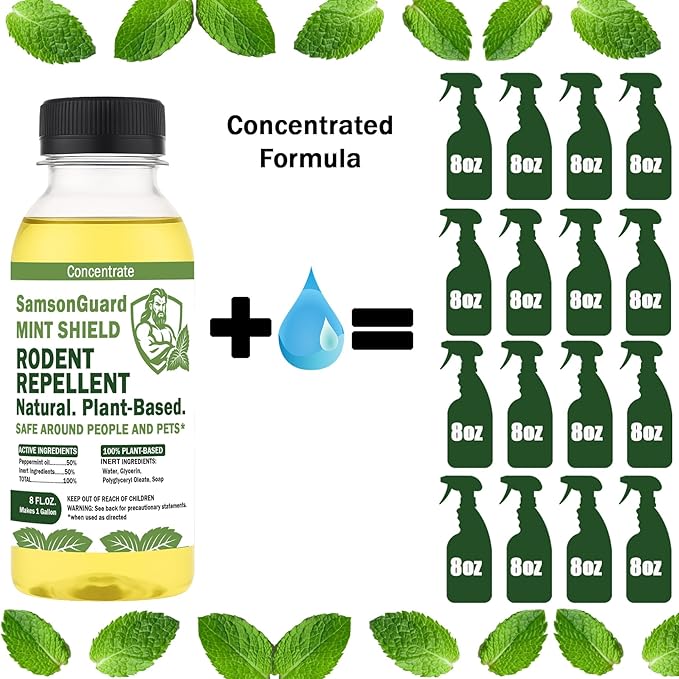 Mint Shield – Plant-Based Rodent Repellent Concentrate – Natural Peppermint Oil Spray for Mice Rats – Makes 1 Gallon – Indoor &amp Outdoor Use