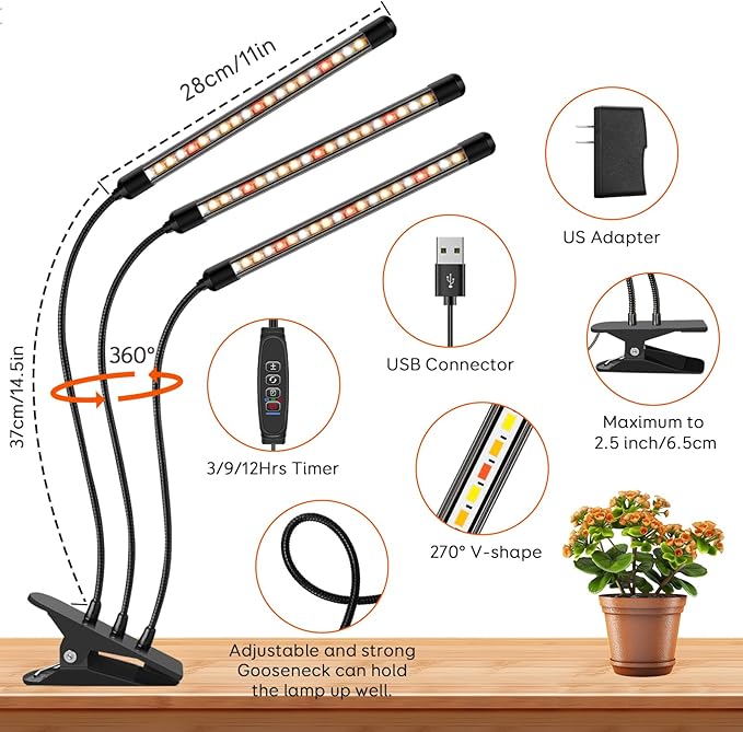 3 Heads Plant Lights for Indoor Growing 2 Pack Grow Lights for Seed Starting Full Spectrum Clip Grow Lamps with Auto ON &amp Off Timer 3/9/12H 3 Switch Modes 10 Dimming for Houseplants