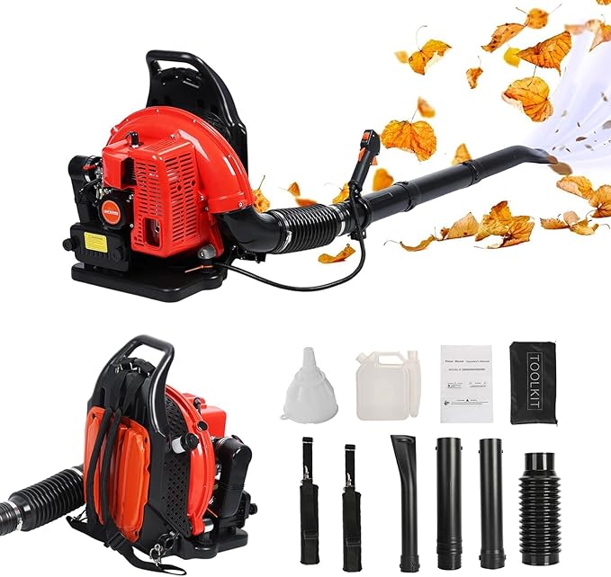 Backpack Gas Powered Leaf Blower 63CC 665CFM 2-Stroke Grass Lawn Blower Air Cooling Gasoline Backpack Grass Blower with Air-Cooled Snow Blower for Garden Care