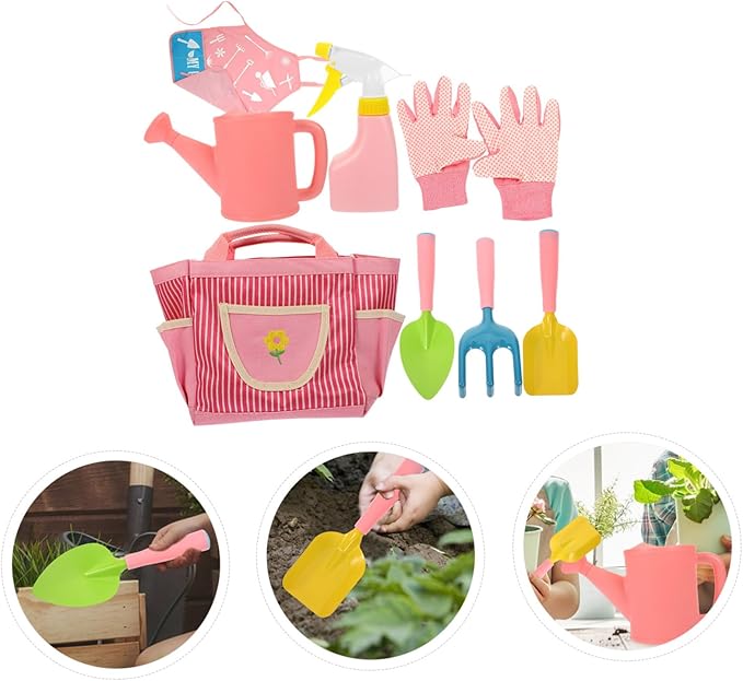 SUPVOX Miniature Kids Garden Tool Set Shovel Rake Trowel Watering Can Gloves Sprinkler and Apron Promotes Imagination Nature Exploration