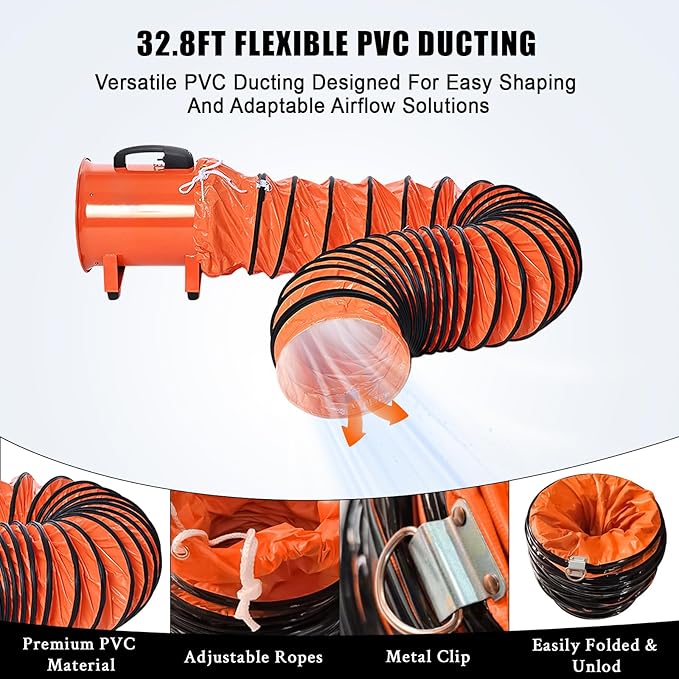 Air Mover Blower Fan 16 Inch 2-Speed 3500CFM Heavy Duty Blower Fan with 32.8 Ft Flexible Duct Industrial Portable Ventilator Blower/Exhaust