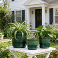 Handmade Green Glazed Ceramic Planter Set of 3 10 8 6 Diameter Square Grid Pattern for Succulents Herbs IndoorOutdoor Shelf Table Use Breathable Clay with Drainage Holes