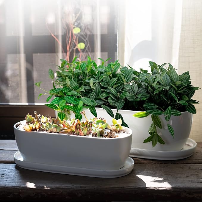 E-liu Ceramic Plant Pots 11+14 inch Set of 2 Planters with Drainage Holes Saucers and Mesh Pads Indoor Flower Succulent Pot with Hole Mesh Pad Gifts for Mom Plants Not Included
