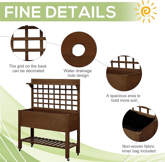 5ftx2ft Eco-Friendly Heavy-Duty Premium Durable Sustainable Natural Wooden Elevated Garden Bed with Wheels Trellis Storage Shelf Dark Brown