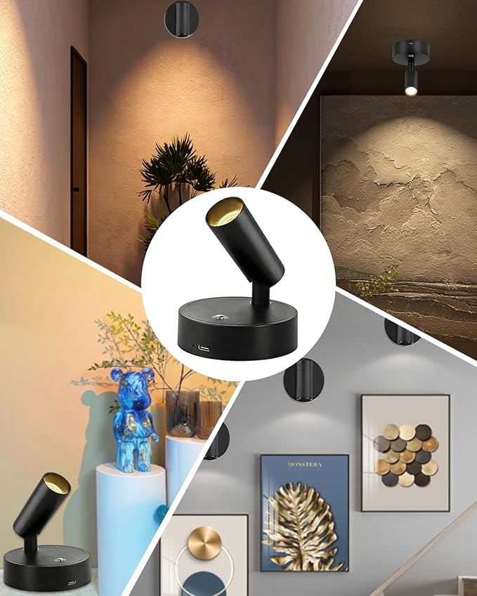 6PACK Dimmable Indoor Spotlights - LED Rechargeable 350° Rotatable Wireless Lighting with 3 Colors for Plants Paintings and Artwork Accent Lighting (Black)