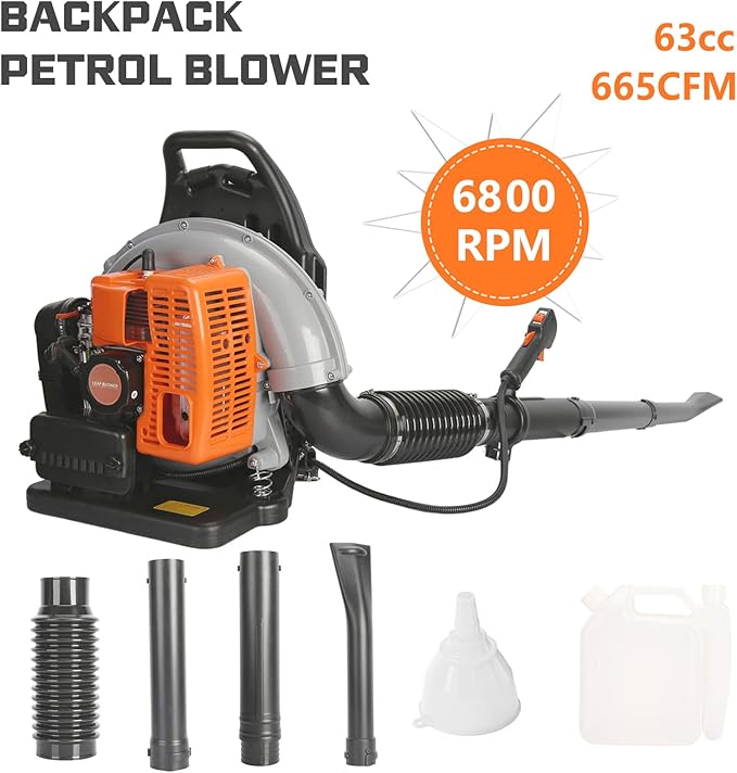 Gas Leaf Blower Backpack Leaf Blower 63CC 2 Stroke 665 CFM Backpack Blowers Gas Powered Gas Blowers for Lawn Care Yard Road Cleaning (Orange)