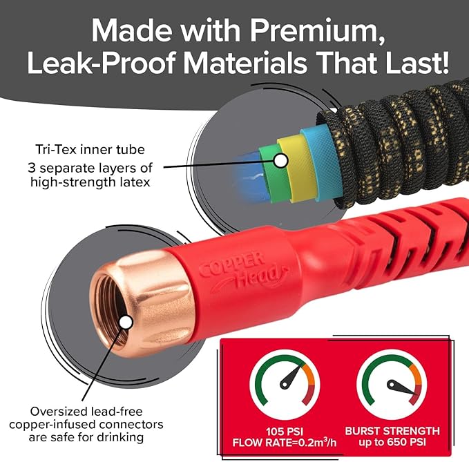 Pocket Hose 100 FT Copper Head Expandable Garden Hose with Pocket Pivot No Tangles AS SEEN ON TV 360° Swivel Tri-Tex Tubing Force Field Jacket Lead-Free No-Kink Anti-Burst w/APT