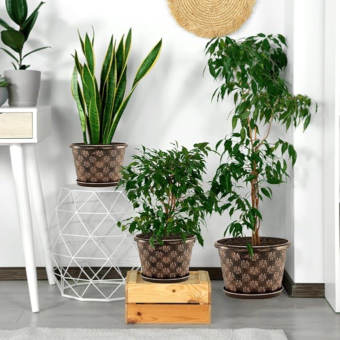 16 Inch Planter Pots for Plants Plastic Large Flower Pots Indoor Outdoor 4 Pack Resin Plant Pot with Drainage &amp Saucer Retro Decorative Garden Pot with Removable Trays for House