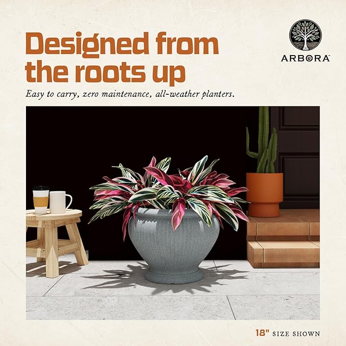 ARBORA 18 Cannes Urn Polyresin Indoor and Outdoor Planter with Stone Blend Concrete Gray Finish - Durable Weatherproof Lightweight Large Plant Pot for Patio Garden Deck Entryway