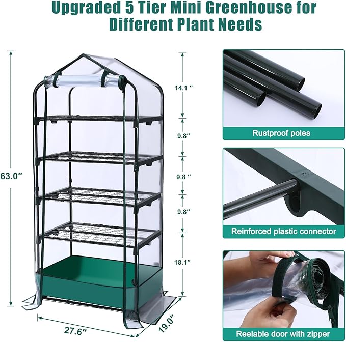 5 Tier Mini Greenhouse for Indoor Outdoor Portable Green House with Durable PVC Cover and Shelves for Seedling Heavy Duty Greenhouse with Waterproof Mat and Cover Tape Gardening Gifts for Women Men