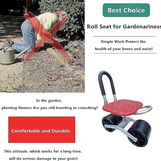 Gardening Stool with Rolling Wheels Sturdy Cart with Adjustable Seat Height for Lawn and Garden